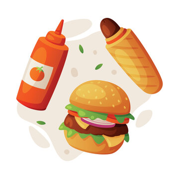 Fast Food Lunch with Cooked Hamburger, Hot Dog and Ketchup Sauce Vector Composition