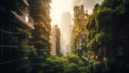 Fototapeta na wymiar Modern Skyscrapers Illuminate Crowded City Life at Dusk generated by AI