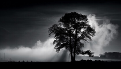Fototapeta premium Silhouette of tree in spooky, foggy night generated by AI