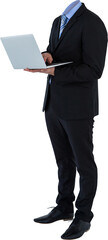 Headless businessman using laptop - obrazy, fototapety, plakaty