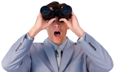 Suprised businessman looking through binoculars
