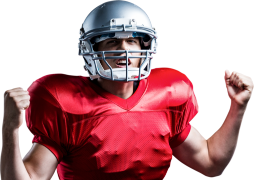 Portrait of American football player cheering with clenched fist