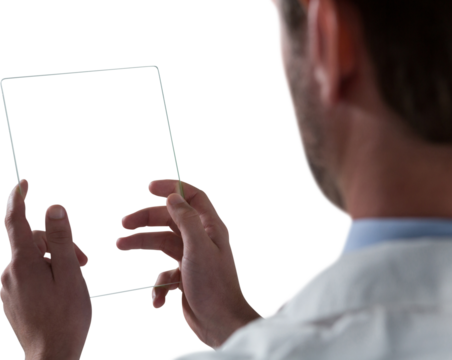Male doctor using glass digital tablet