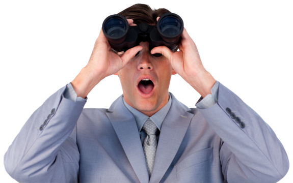 Suprised businessman looking through binoculars