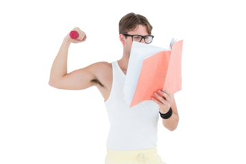 Geeky hipster lifting dumbbells and reading notepad