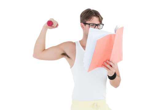 Geeky hipster lifting dumbbells and reading notepad 