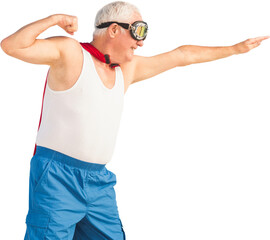 Side view of senior man disguise as superhero