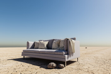 lonely living room couch in large desert environment; immersion entertainment movie concept; 3D illustration