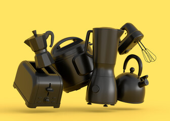 Electric kitchen appliances and utensils for making breakfast on monochrome