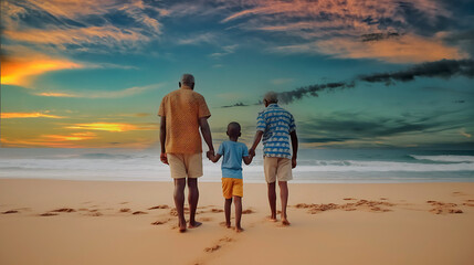 Rear view of african american father and grandfather holding boy's hands and picking him up at beach. Copy space. Generative AI.1 (1)