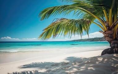Fototapeta na wymiar Coast view with blue ocean or sea, white sand and palm tree Generative AI