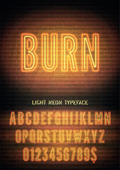 Bright night light extra glow font with numbers. Burn sign with yellow orange bold narrow neon alphabet on dark brick wall background. Vector illustration