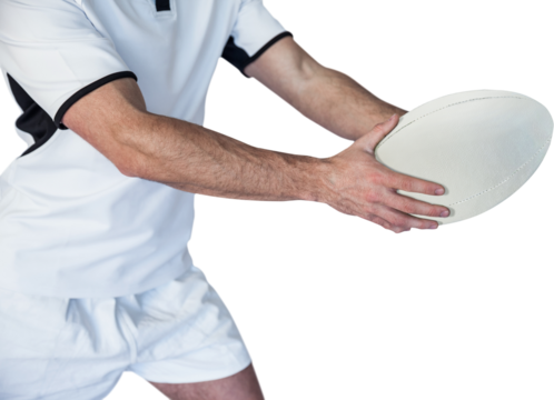 Midsection of rugby player holding the ball