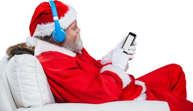Santa Claus using mobile phone with headphones