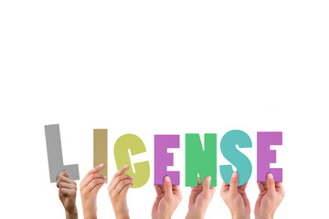 Colorful alphabet spelling license held up by people 