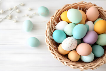  a basket filled with colorful eggs on top of a white table