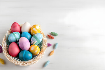  a basket filled with colorful easter eggs on top of a white table