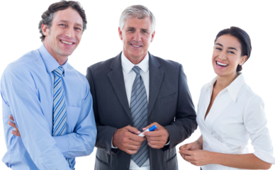 Smiling business people brainstorming together