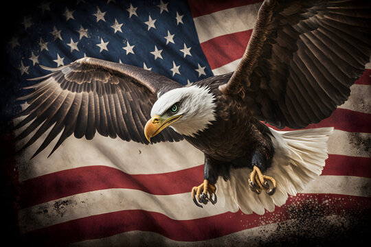  a bald eagle flying over the american flag