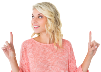 Pretty blonde smiling and pointing up