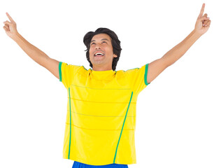 Football player celebrating while point up