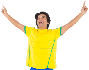 Football player celebrating while point up