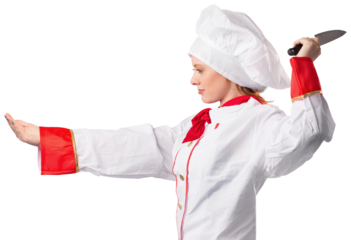 Pretty chef slicing with knife