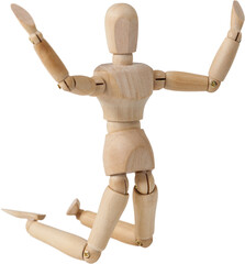 Wooden 3d figurine kneeling with arms spread wide