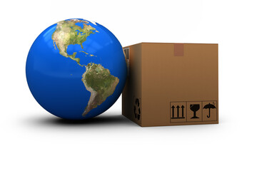3D image of planet Earth by cardboard box
