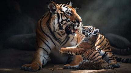 wildlife, a tiger with a cub.