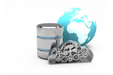 Hard drive symbol with metallic cloud and earth