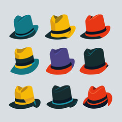 Hats with different colors and styles. Vector minimalist illustration