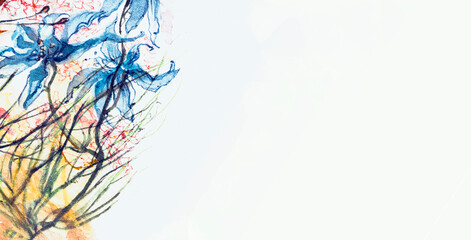 Fototapeta na wymiar Wild blue fowers closeup, watercolor on white background.