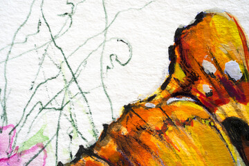 Butterfly and flowers closeup, watercolor on white background.