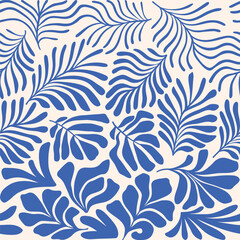 Blue white abstract background with tropical palm leaves in Matisse style. Vector seamless pattern with Scandinavian cut out elements.