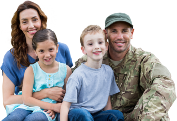 Portrait of happy army man with family