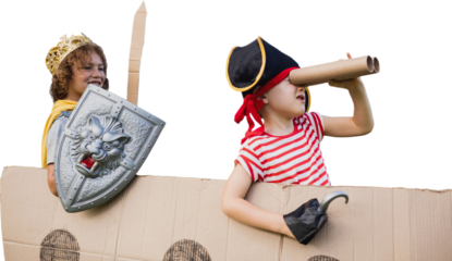 Happy friends with artificial cardboard ship