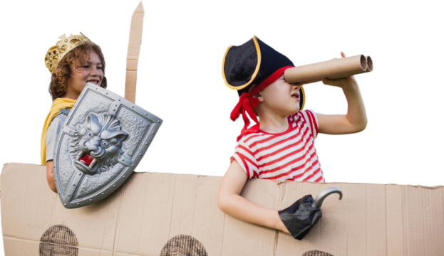 Happy friends with artificial cardboard ship - Powered by Adobe