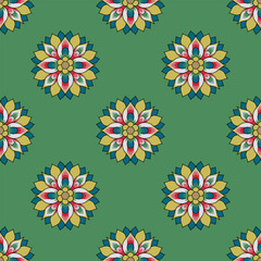 Seamless red, pattern with round floral mandalas. On green background.