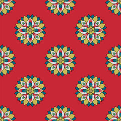 Seamless red, pattern with round floral mandalas. On red background.