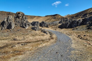 Iceland landscape walking trail in the hills