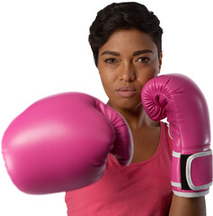 Woman standing for breast cancer awareness against white background