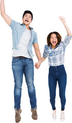 Obraz premium Happy couple jumping with arms raised