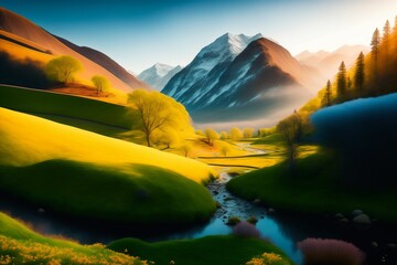 Fototapeta na wymiar artistic impression of a mountainous landscape in spring