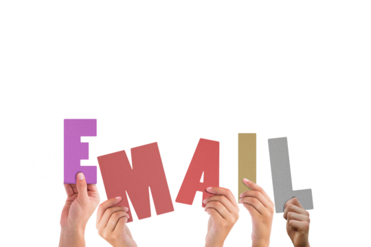 Colorful alphabet spelling email held up by people  - Powered by Adobe