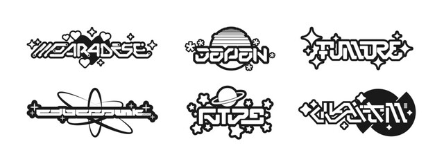 Y2k badges, stickers, logo. Futuristic lettering, cyber digital design with abstract shapes.Y2K lettering for clothes, posters, t shirt, merch, apparel. Retro Futuristic cyberpunk lettering. Vector