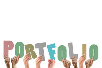 Colorful alphabet spelling portfolio held up by people 