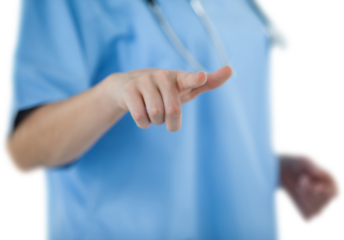 Midsection of female doctor gesturing with fingers