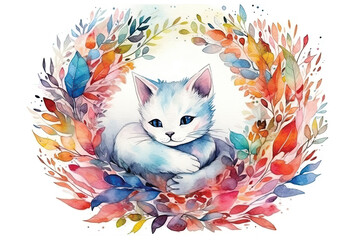 Cute kitten in a dreaming beautiful and colorful forest, in a circle, watercolor kawaii style, white background
