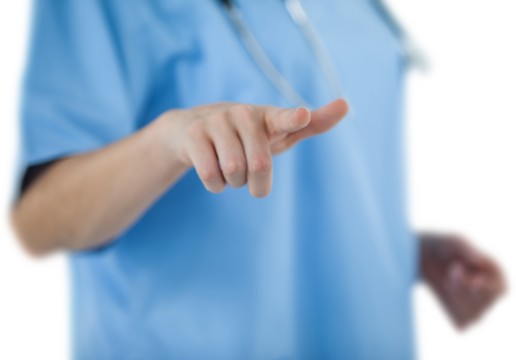 Midsection of female doctor gesturing with fingers - Powered by Adobe